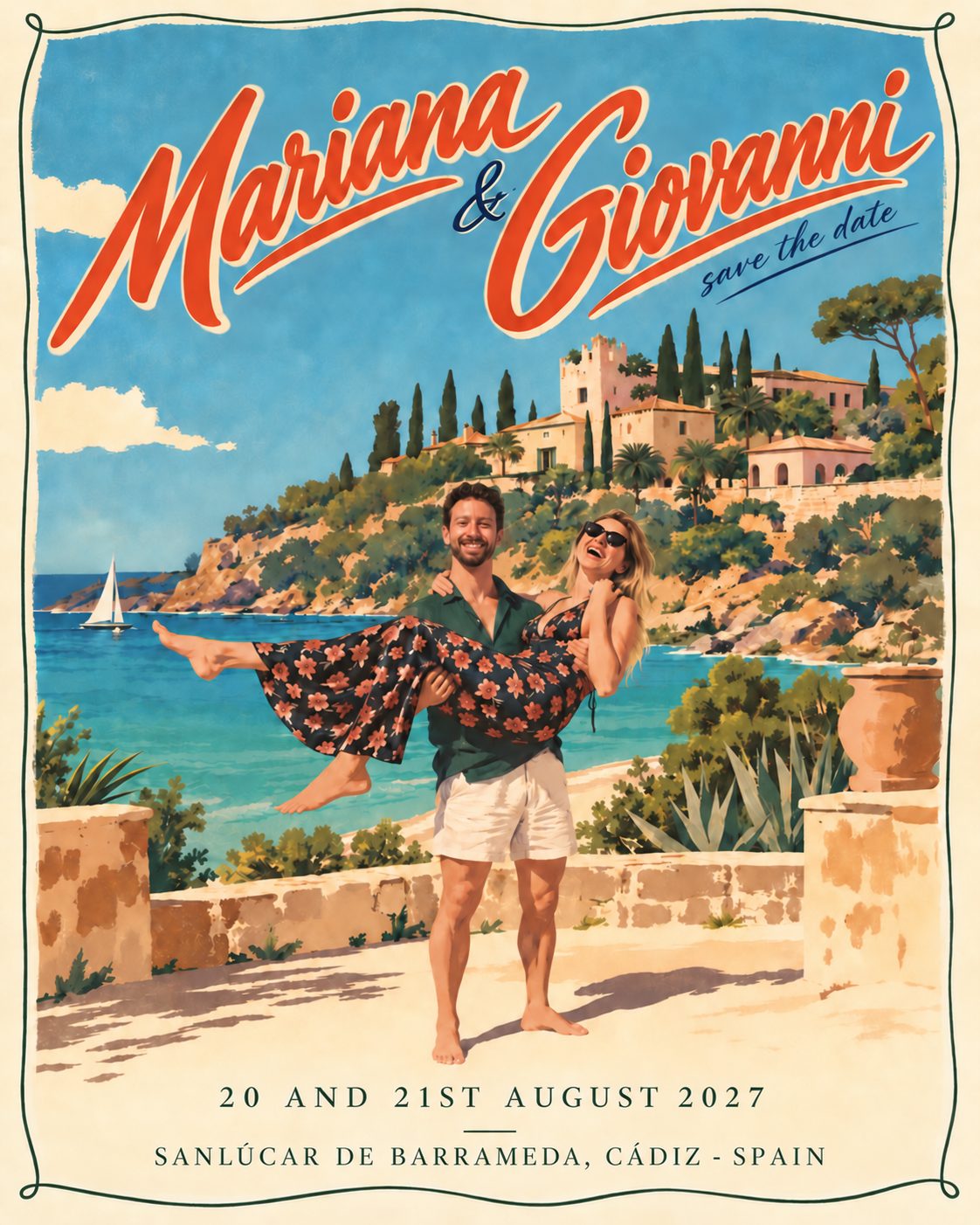 Save the date: Mariana and Giovanni, 20 and 21 August 2027, Sanlúcar de Barrameda, Cádiz, Spain
